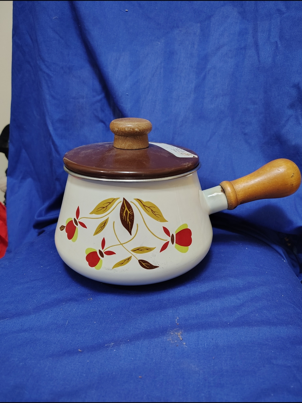 Cream  Saucepan with Wooden Handle and Red Floral Design